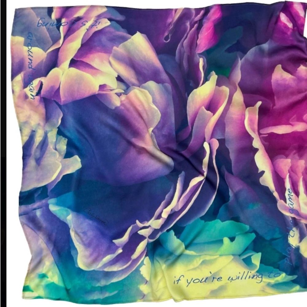 Silk scarf designed by Carley Simon. Beautiful peonies 42”x42”